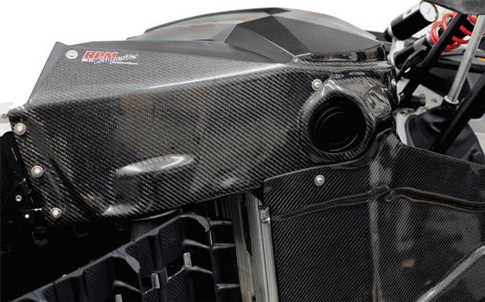RPM Composites Polaris AXYS chassis skidplate, Rush and Switchback models, protects primary clutch, muffler, footwells